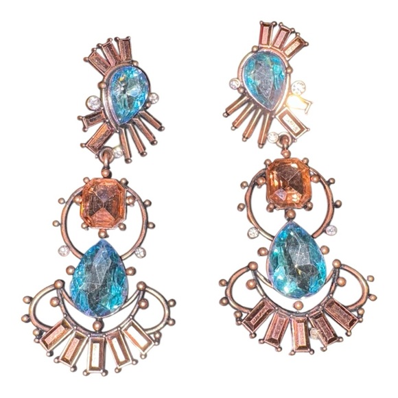 Statement Chandelier Earrings Copper Tone Blue & Peach Crystals J13 - Picture 5 of 7